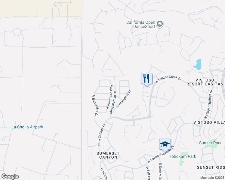 map of restaurants, bars, coffee shops, grocery stores, and more near 13496 North Piemonte Way in Oro Valley