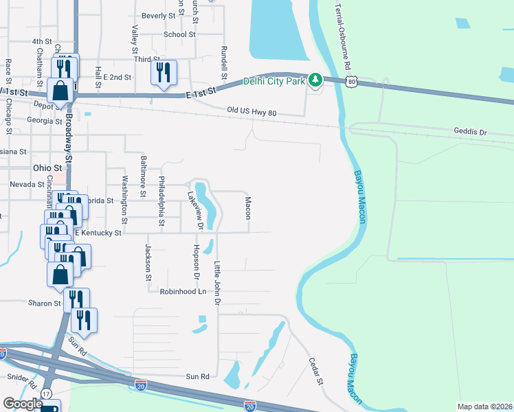 map of restaurants, bars, coffee shops, grocery stores, and more near 145 Macon Drive in Delhi