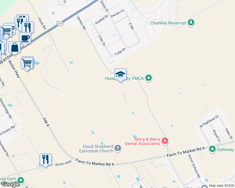 map of restaurants, bars, coffee shops, grocery stores, and more near 1300 James Road in Granbury