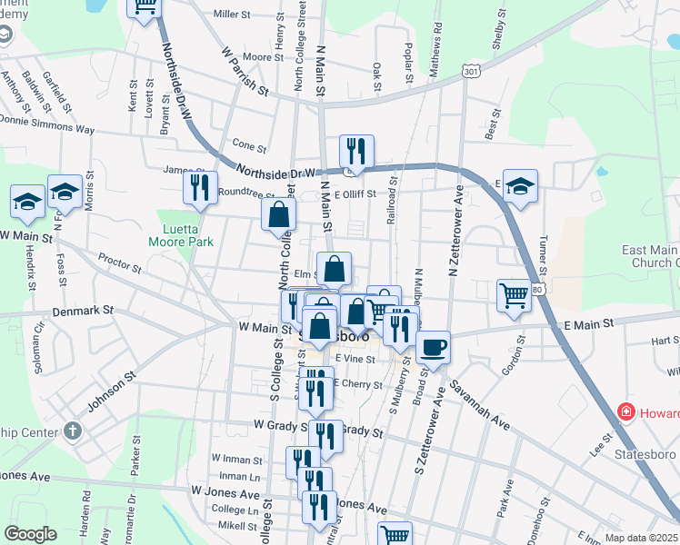 map of restaurants, bars, coffee shops, grocery stores, and more near 52 North Main Street in Statesboro