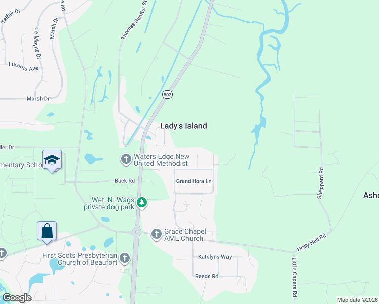 map of restaurants, bars, coffee shops, grocery stores, and more near 7 Shiney Leaf Court in Beaufort