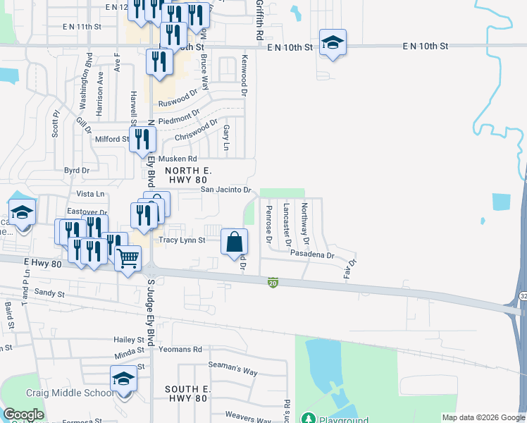 map of restaurants, bars, coffee shops, grocery stores, and more near 410 Penrose Drive in Abilene