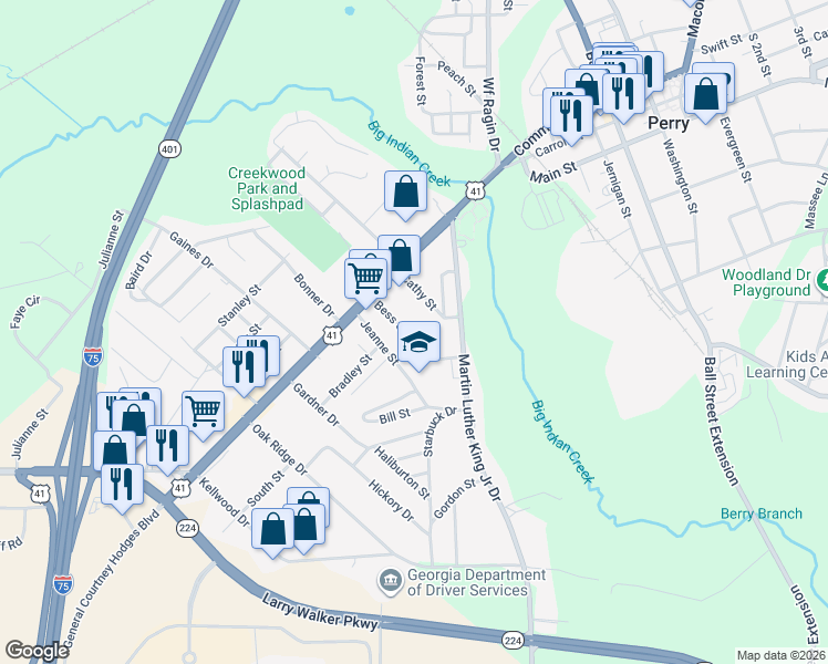map of restaurants, bars, coffee shops, grocery stores, and more near 917 Bess Street in Perry