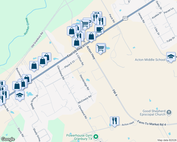 map of restaurants, bars, coffee shops, grocery stores, and more near 405 Stembridge Road in Granbury