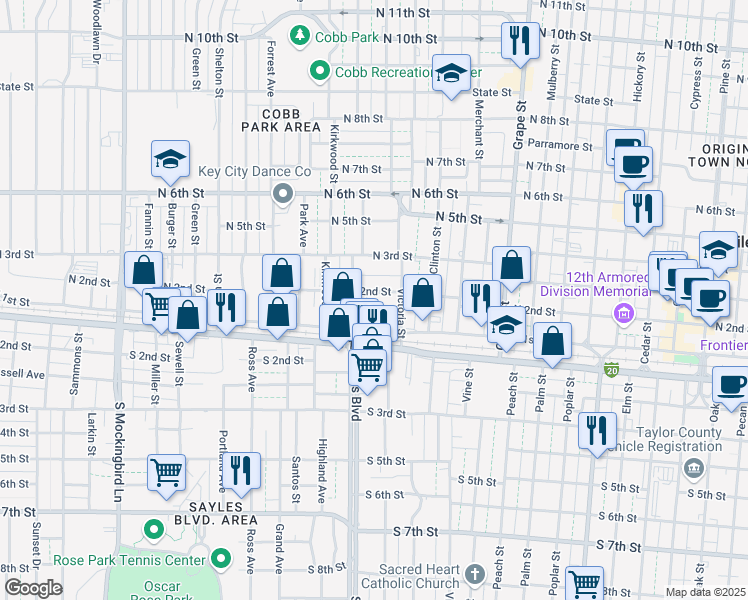 map of restaurants, bars, coffee shops, grocery stores, and more near 2041 North 2nd Street in Abilene