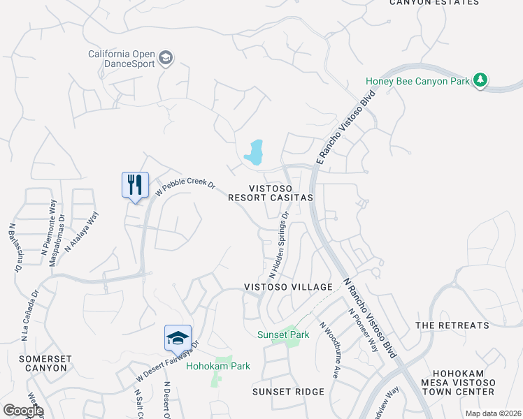 map of restaurants, bars, coffee shops, grocery stores, and more near 655 West Vistoso Highlands Drive in Oro Valley