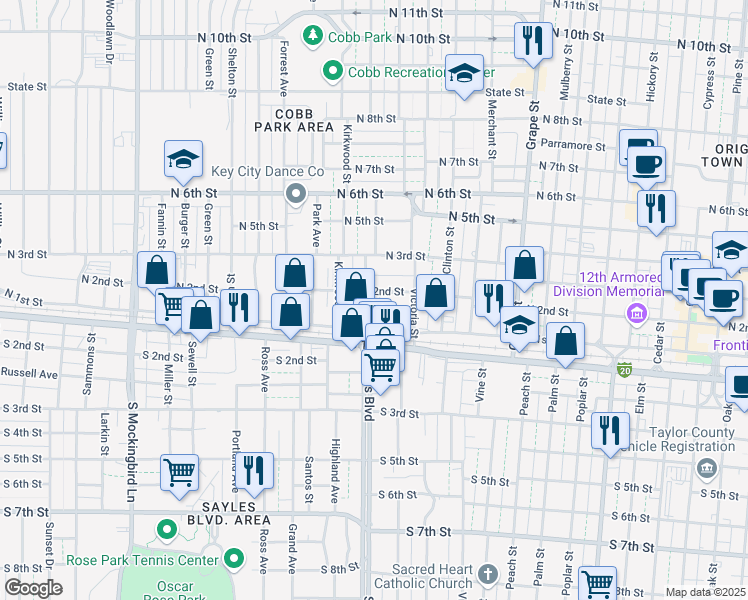 map of restaurants, bars, coffee shops, grocery stores, and more near 2041 North 2nd Street in Abilene