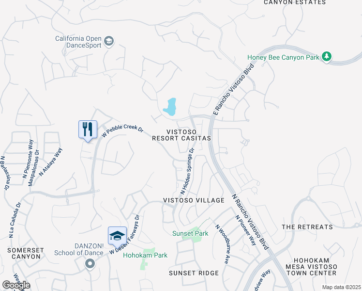 map of restaurants, bars, coffee shops, grocery stores, and more near 655 West Vistoso Highlands Drive in Oro Valley