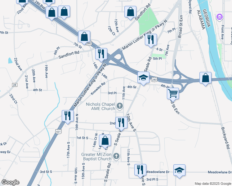 map of restaurants, bars, coffee shops, grocery stores, and more near 314 12th Avenue in Phenix City