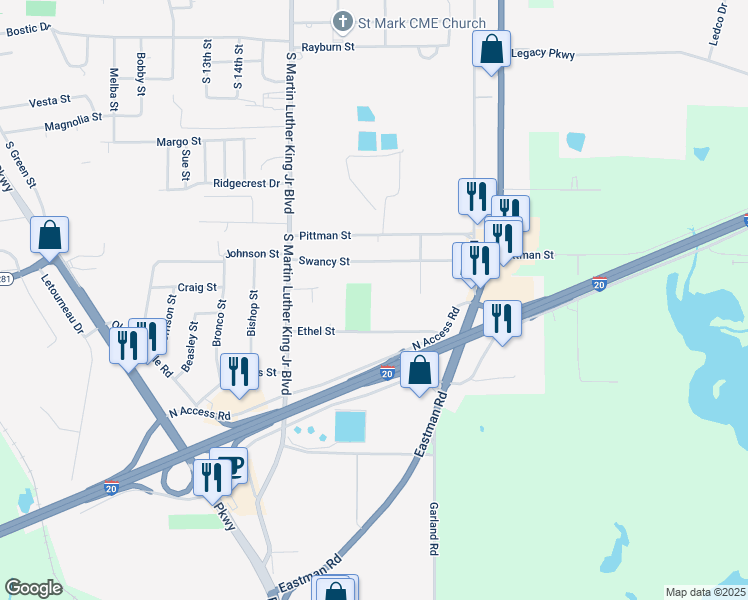 map of restaurants, bars, coffee shops, grocery stores, and more near 741 Ethel Street in Longview
