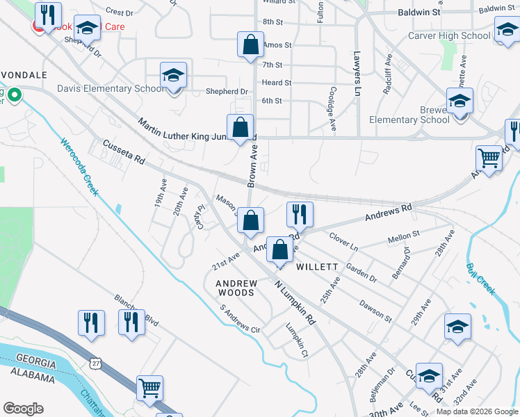 map of restaurants, bars, coffee shops, grocery stores, and more near 352 Bragg Smith Street in Columbus