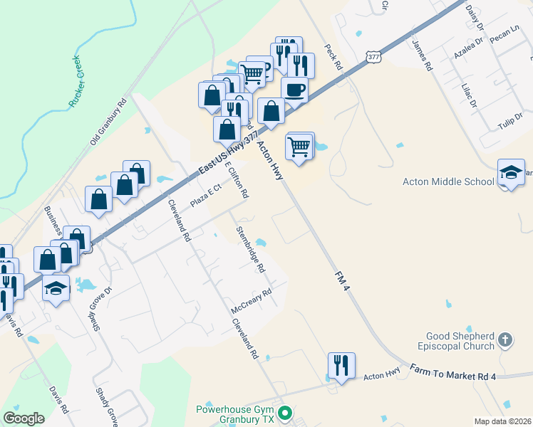 map of restaurants, bars, coffee shops, grocery stores, and more near 405 Stembridge Road in Granbury