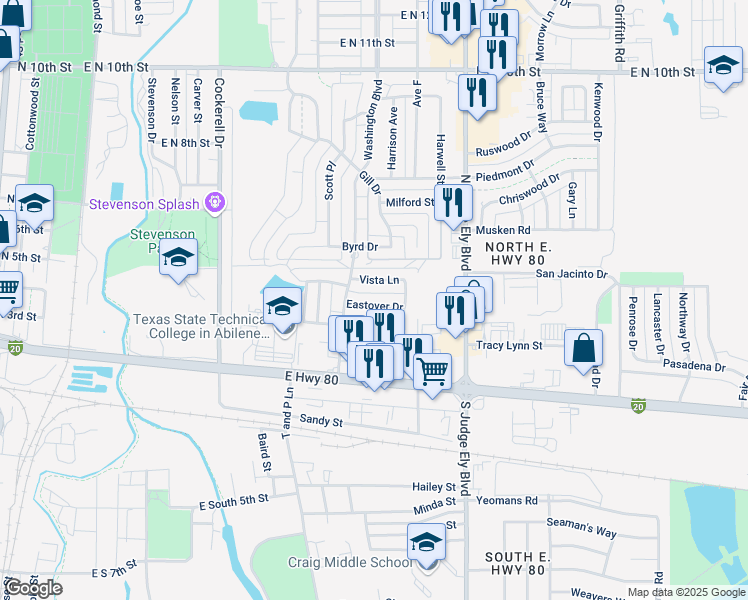 map of restaurants, bars, coffee shops, grocery stores, and more near 826 Eastover Drive in Abilene