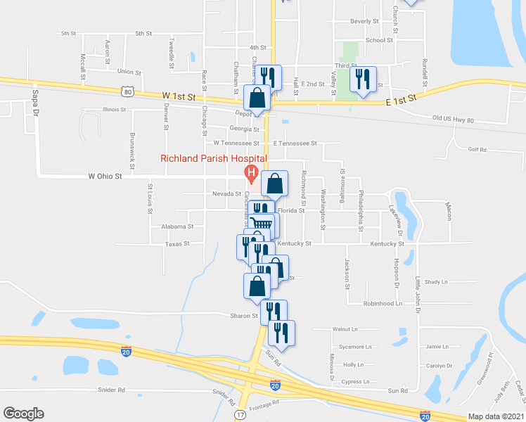 map of restaurants, bars, coffee shops, grocery stores, and more near 704 Broadway St in Delhi