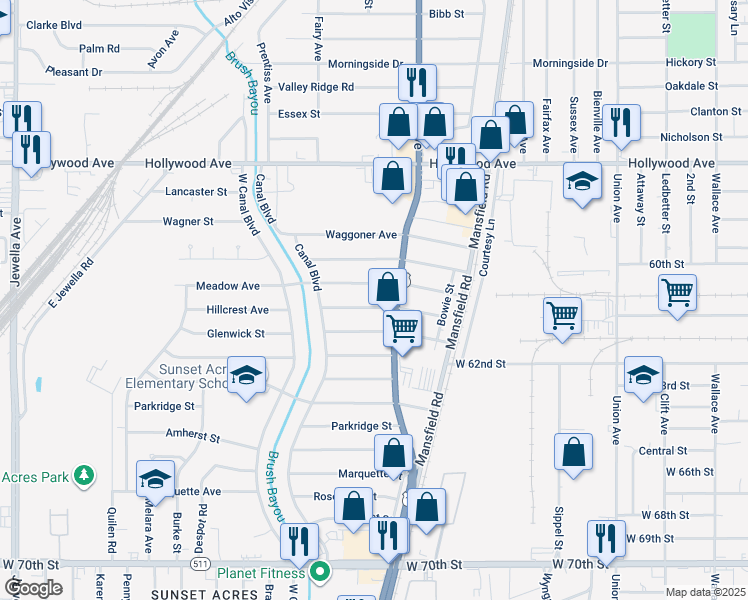 map of restaurants, bars, coffee shops, grocery stores, and more near 2709 Mimosa Avenue in Shreveport