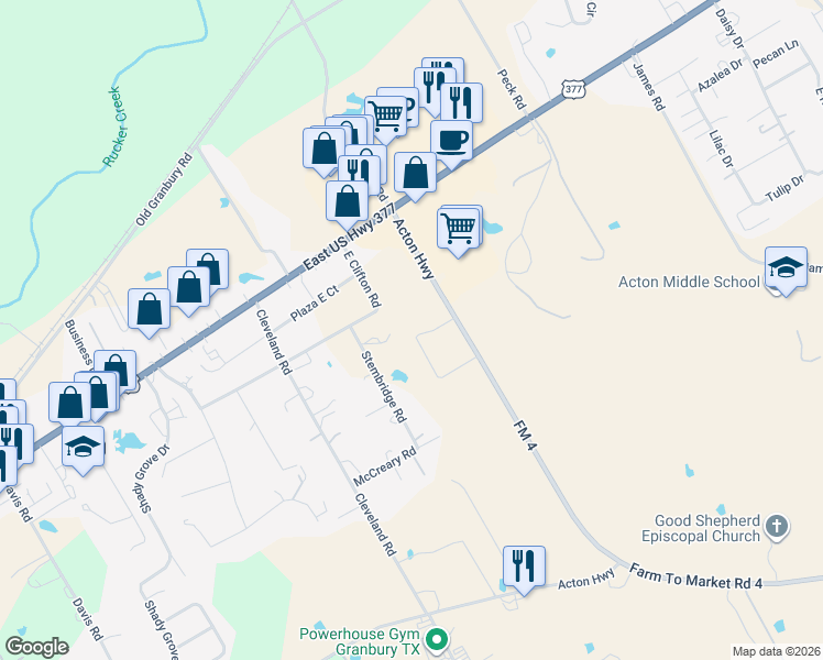 map of restaurants, bars, coffee shops, grocery stores, and more near 405 Stembridge Road in Granbury