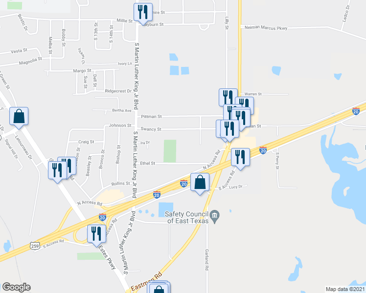 map of restaurants, bars, coffee shops, grocery stores, and more near 741 Ethel Street in Longview