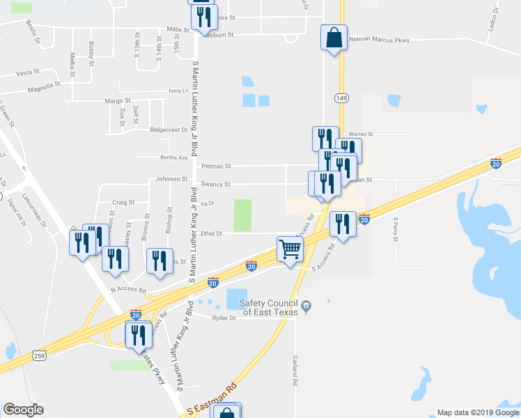 map of restaurants, bars, coffee shops, grocery stores, and more near 741 Ethel Street in Longview