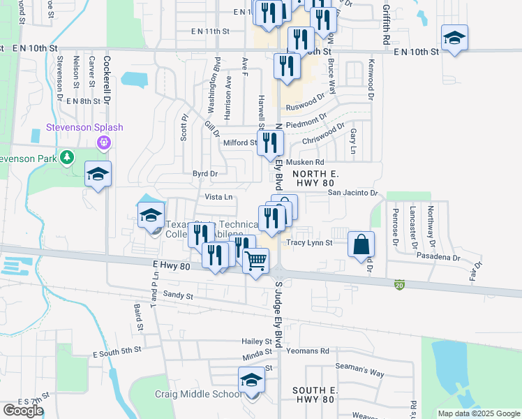 map of restaurants, bars, coffee shops, grocery stores, and more near 500 North Judge Ely Boulevard in Abilene