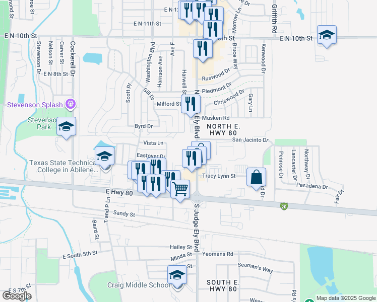 map of restaurants, bars, coffee shops, grocery stores, and more near 500 North Judge Ely Boulevard in Abilene
