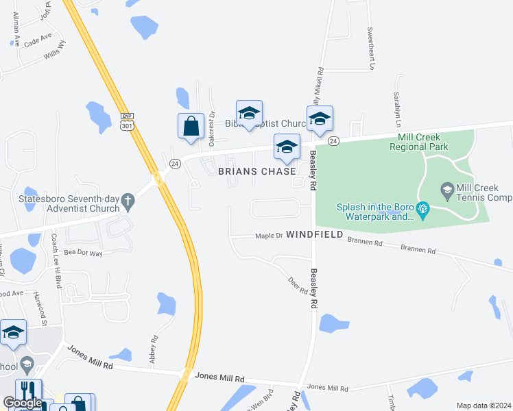 map of restaurants, bars, coffee shops, grocery stores, and more near 1013 Moss Creek Circle in Statesboro