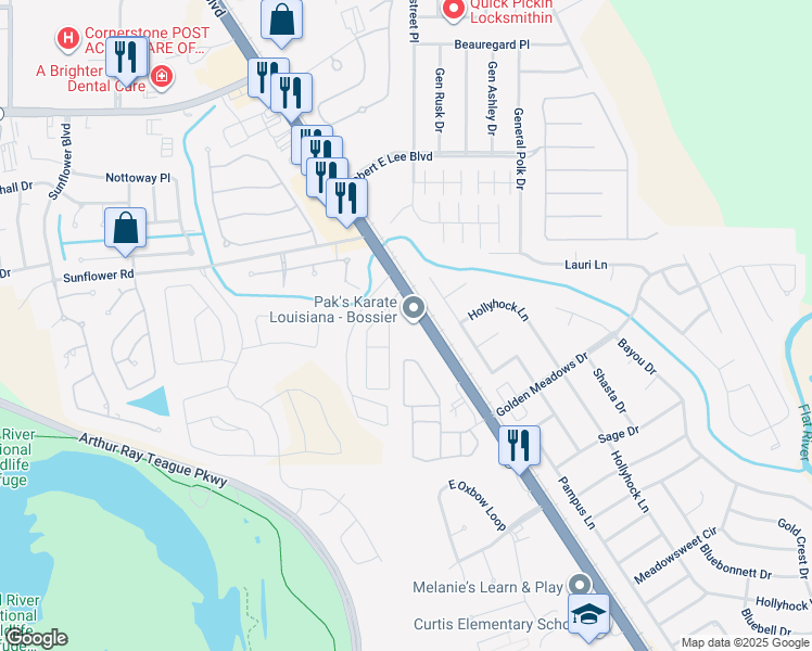 map of restaurants, bars, coffee shops, grocery stores, and more near 5302 Barksdale Boulevard in Bossier City