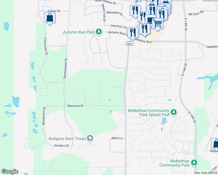 map of restaurants, bars, coffee shops, grocery stores, and more near 3051 Farm to Market Road 663 in Midlothian