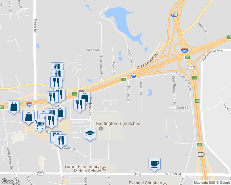 map of restaurants, bars, coffee shops, grocery stores, and more near 5919 Financial Plaza in Shreveport
