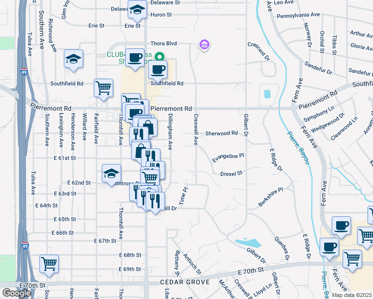 map of restaurants, bars, coffee shops, grocery stores, and more near 621 Robinhood Street in Shreveport