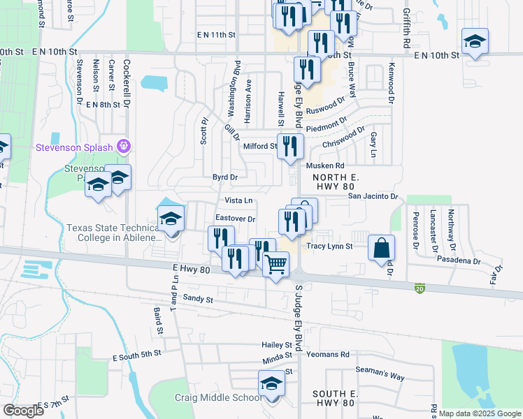 map of restaurants, bars, coffee shops, grocery stores, and more near 417 Somerset Place in Abilene