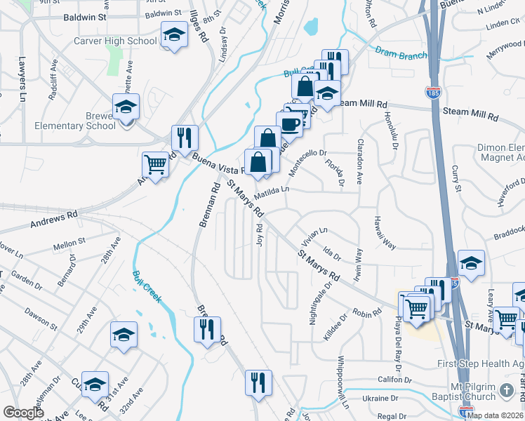 map of restaurants, bars, coffee shops, grocery stores, and more near 3330 Matilda Lane in Columbus