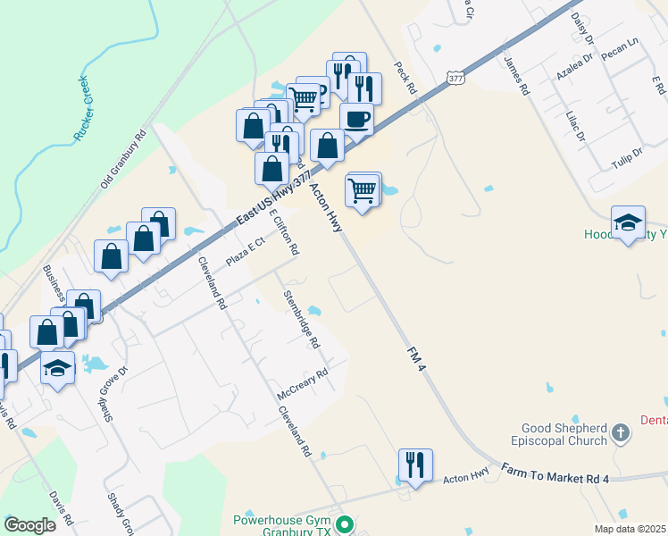 map of restaurants, bars, coffee shops, grocery stores, and more near 3715 Farm to Market 4 in Cleburne