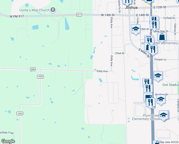 map of restaurants, bars, coffee shops, grocery stores, and more near 748 County Road 909 in Joshua