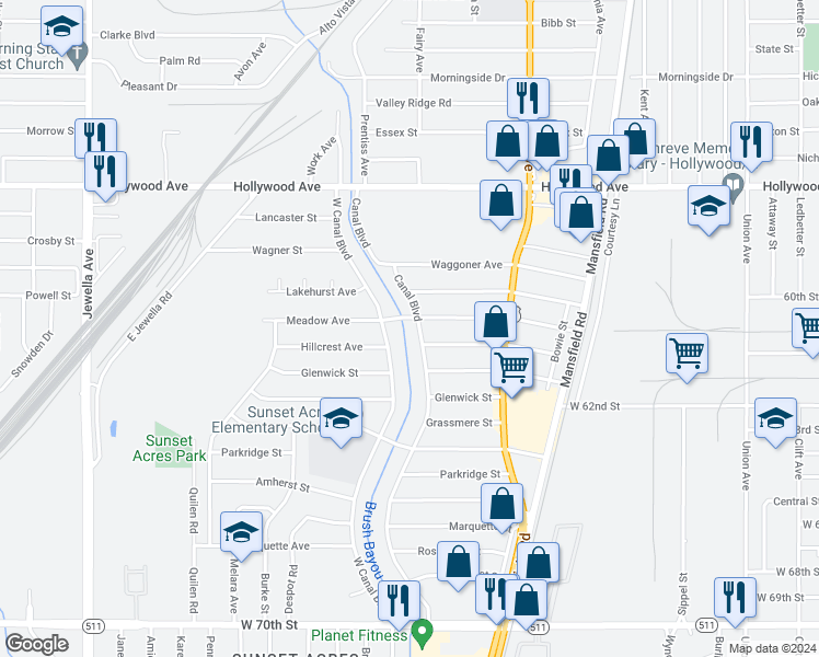 map of restaurants, bars, coffee shops, grocery stores, and more near 6106 Canal Boulevard in Shreveport