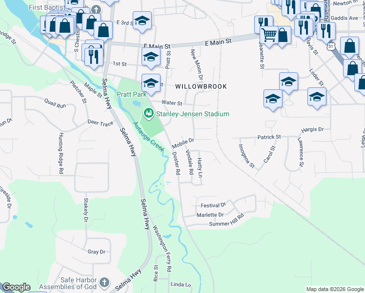 map of restaurants, bars, coffee shops, grocery stores, and more near 109 Mobile Drive in Prattville