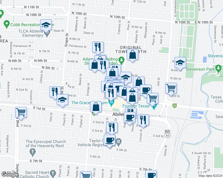 map of restaurants, bars, coffee shops, grocery stores, and more near 343 Cedar Street in Abilene