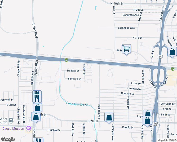 map of restaurants, bars, coffee shops, grocery stores, and more near 123 South Main Street in Abilene