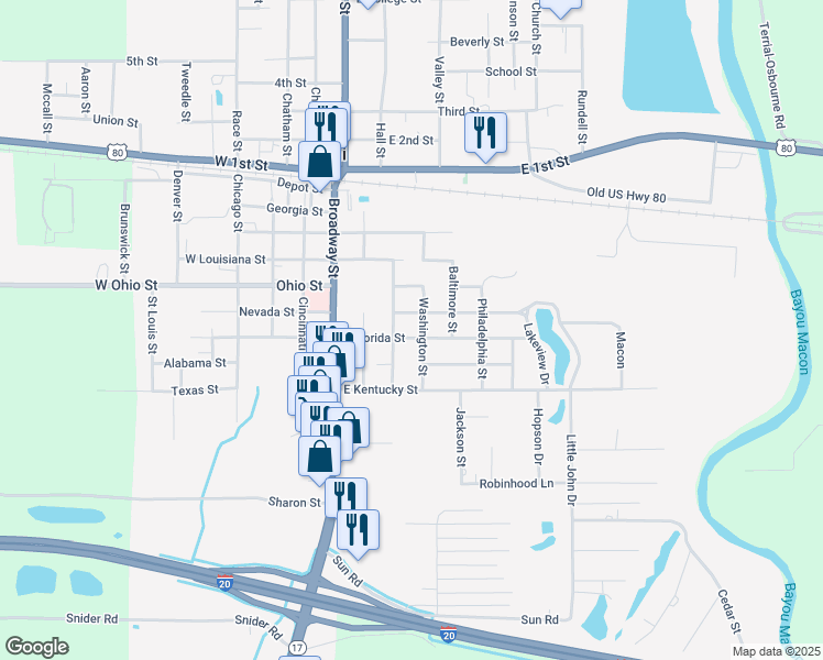 map of restaurants, bars, coffee shops, grocery stores, and more near 300-414 East Michigan Street in Delhi