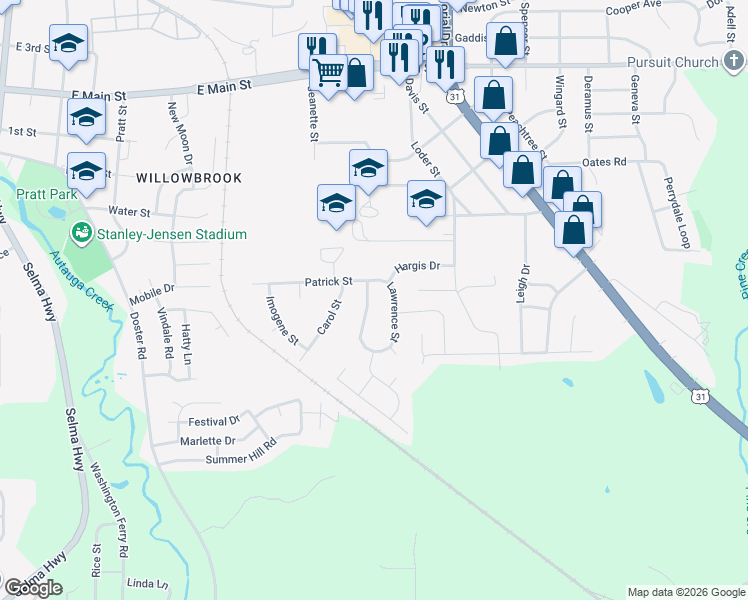 map of restaurants, bars, coffee shops, grocery stores, and more near 111 Lawrence Street in Prattville