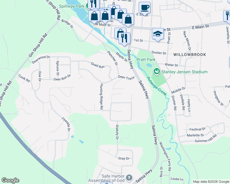 map of restaurants, bars, coffee shops, grocery stores, and more near 101 Lost Creek Loop in Prattville