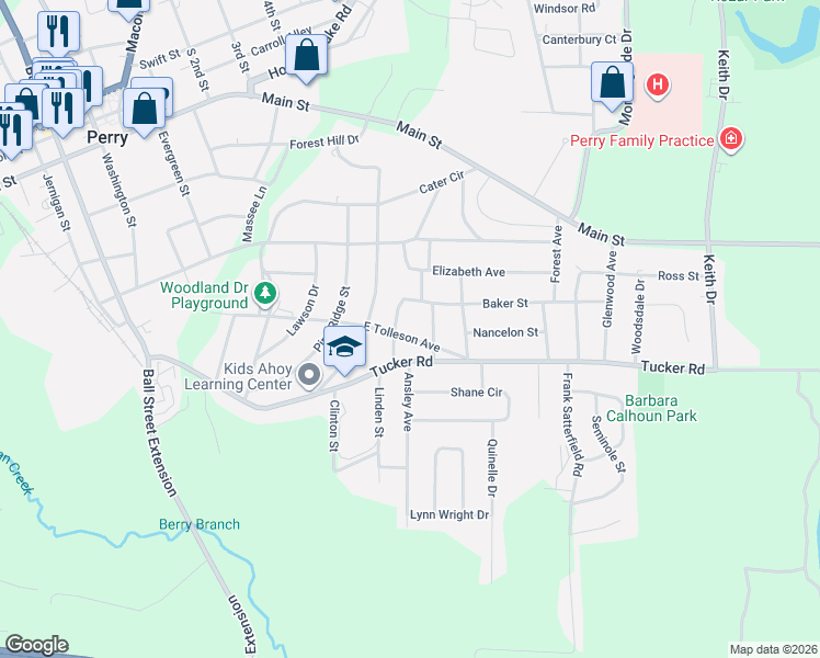 map of restaurants, bars, coffee shops, grocery stores, and more near 1408 Baker Street in Perry