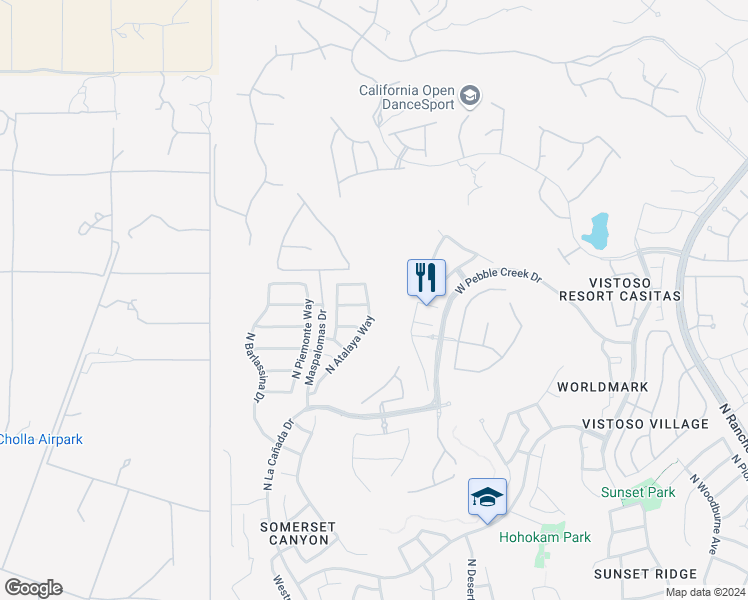 map of restaurants, bars, coffee shops, grocery stores, and more near 13544 North Atalaya Way in Oro Valley