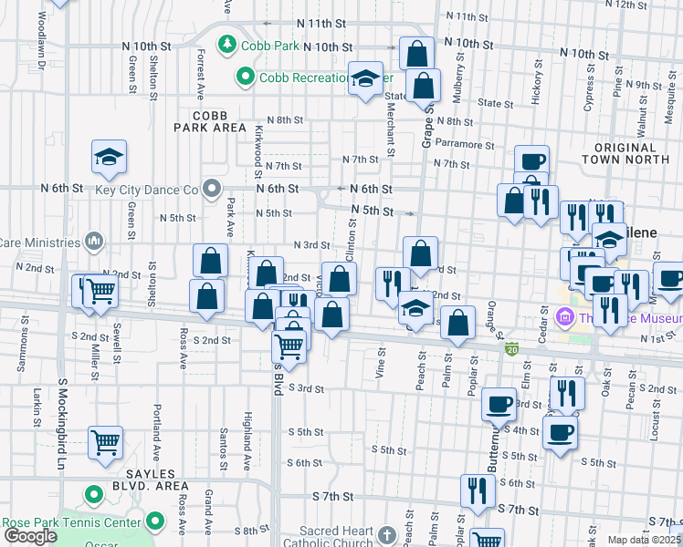 map of restaurants, bars, coffee shops, grocery stores, and more near 210 Clinton Street in Abilene