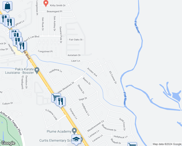 map of restaurants, bars, coffee shops, grocery stores, and more near 5406 Kristen Avenue in Bossier City
