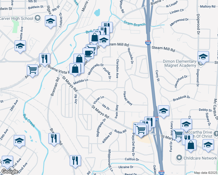 map of restaurants, bars, coffee shops, grocery stores, and more near 3589 Irwin Way in Columbus