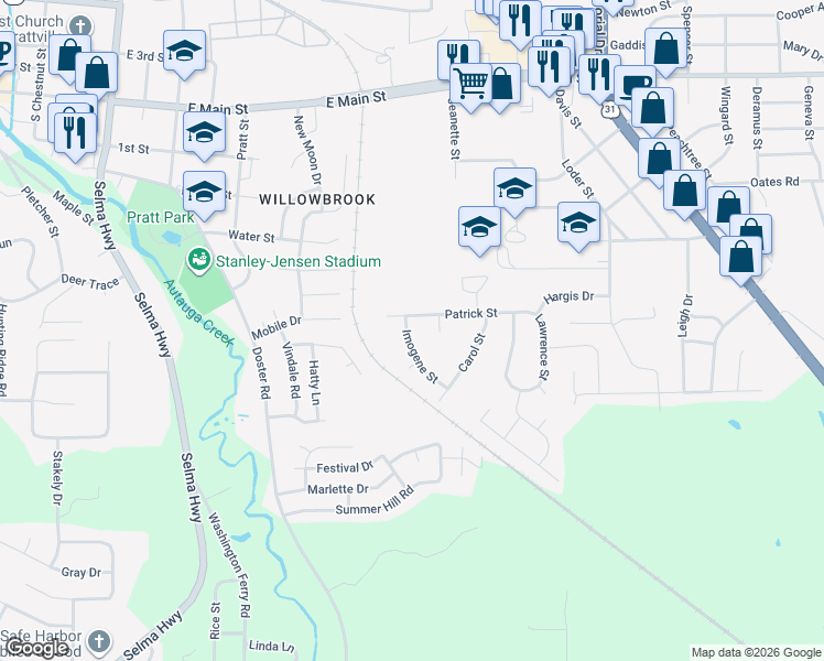 map of restaurants, bars, coffee shops, grocery stores, and more near 170 Patrick St in Prattville