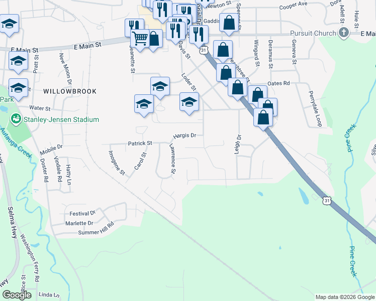 map of restaurants, bars, coffee shops, grocery stores, and more near 133 Danya Court in Prattville