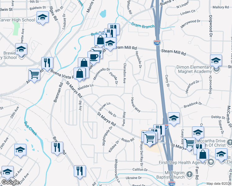 map of restaurants, bars, coffee shops, grocery stores, and more near 3508 Matilda Lane in Columbus