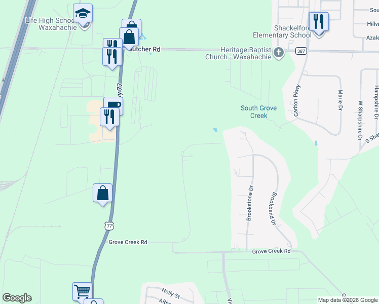 map of restaurants, bars, coffee shops, grocery stores, and more near 177 Royal Park Lane in Waxahachie
