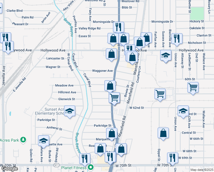 map of restaurants, bars, coffee shops, grocery stores, and more near 2710 Meadow Avenue in Shreveport